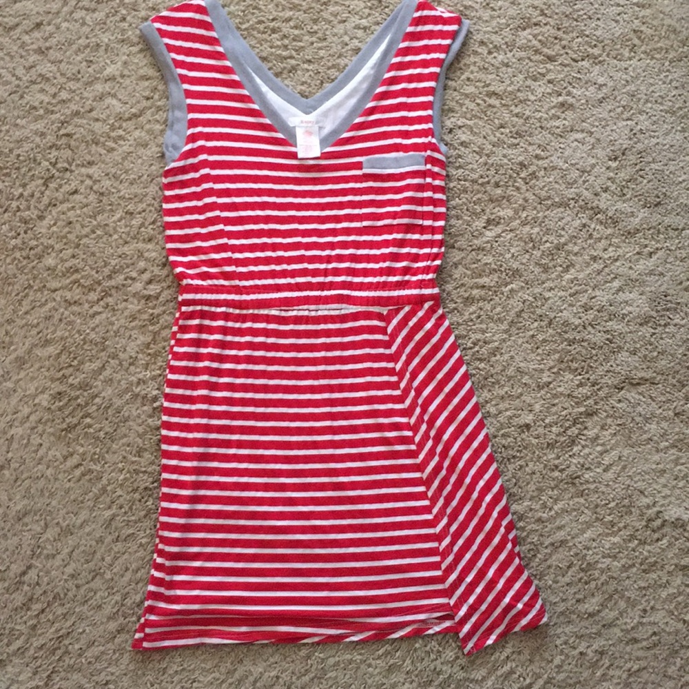 Red, gray and white striped dress.